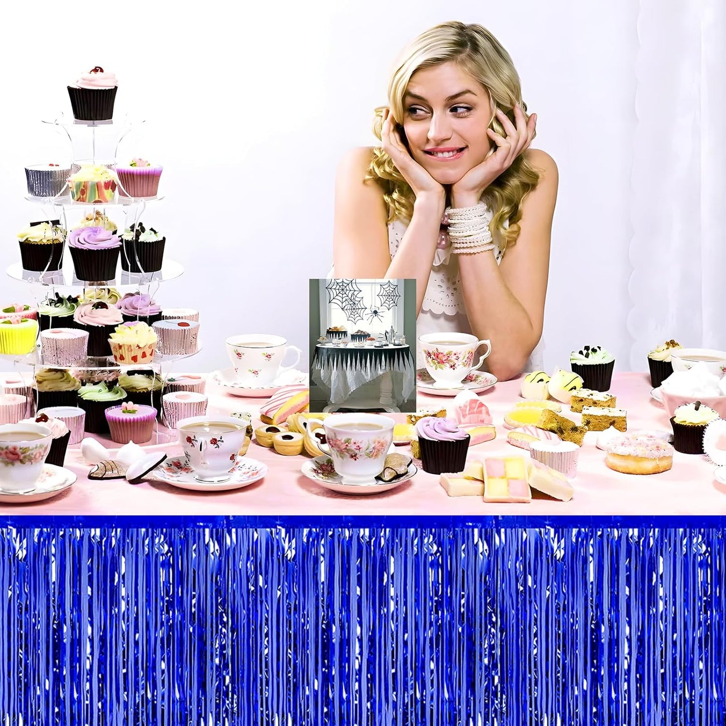 3 Pack 29x108 Inch Blue Foil Fringe Table Skirts Metallic Banner for Tinsel Streamer Garland Backdrop for Parade Floats Wedding Thanksgiving Birthday Christmas Halloween Party Decoration