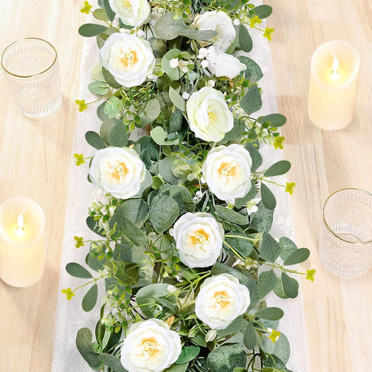 ASTRYAS 2 Pack 6.23Ft Artificial Eucalyptus Garland with Flowers, Fake Rose Garland Greenery Garlands Floral Vines for Wedding Spring Home Party Craft Art Table Runner Decor(White)