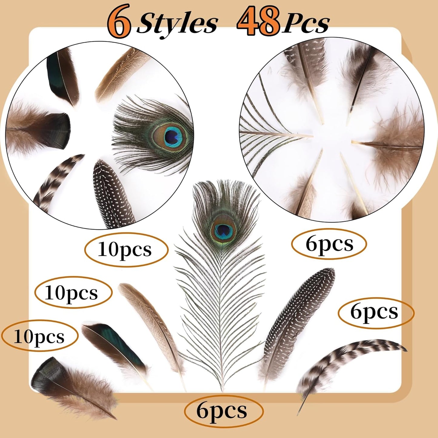 Holmgren 48pcs Natural Feathers Bulk - 6 Styles Assorted Peacock, Pheasant, Turkey Feathers for Craft DIY Jewelry Hat Wedding Home Party Decoration