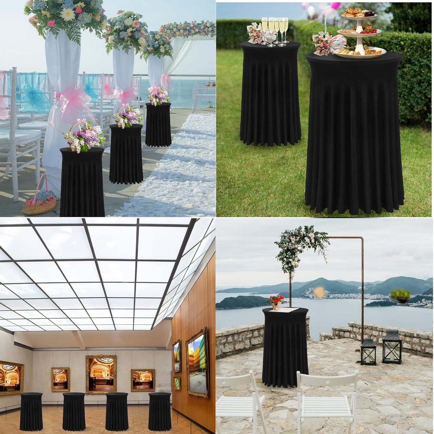 Cocktail Table Covers - 3 Pack 32"x 43" Black Cocktail Table Tablecloth with Natural Wavy Round Skirt for Bar Wedding Party Banquet