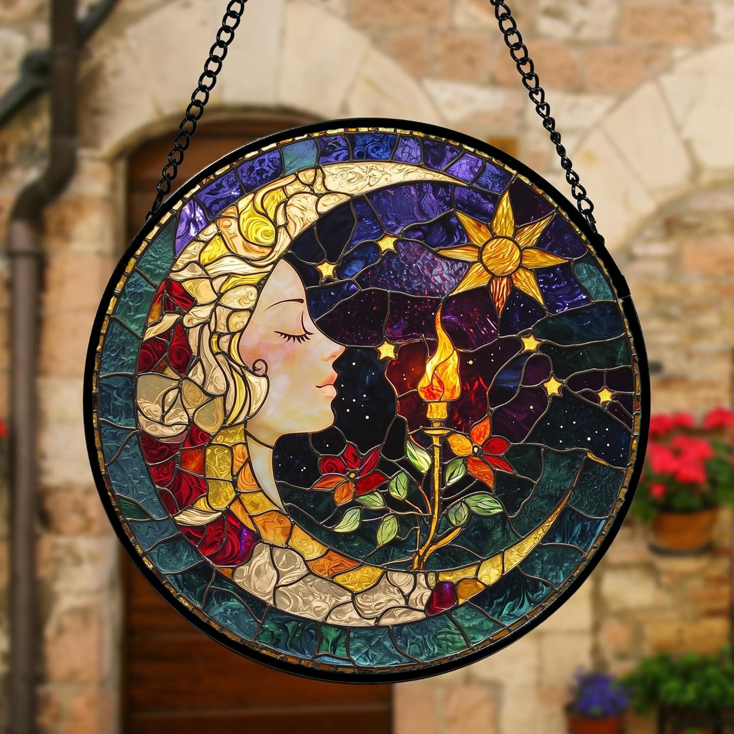 Stained Glass Window Hanging, Moon Goddess Torch Suncatcher Diamond Glass Panel Hangings Dream Sun Catchers Decor for Birthday for Women, Men, Wife, Aunt, and Mom 11.8x11.8 in