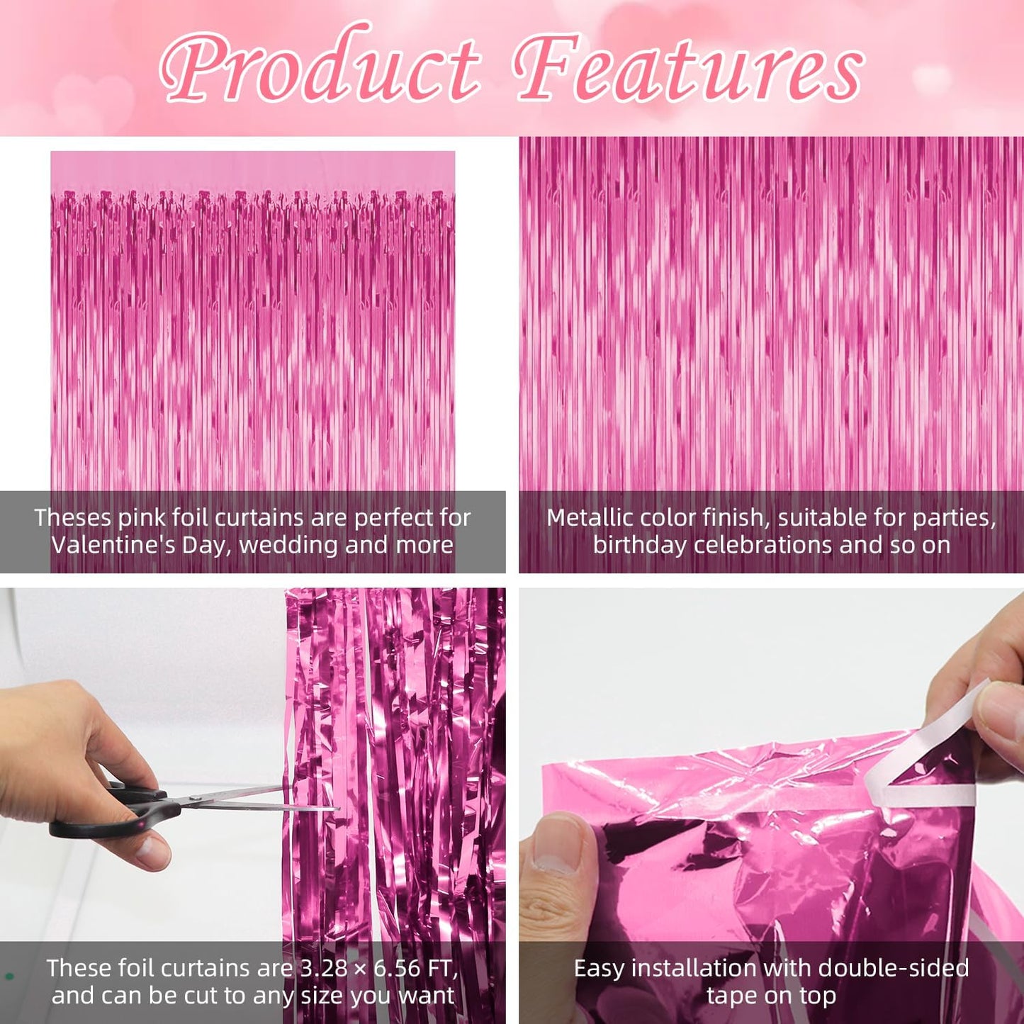 3 Pack Pink Tinsel Backdrop Decorations, Foil Fringe Curtains, Bachelorette & Graduation Party Decorations, Photo Booth Streamer Backdrop, Pink Theme