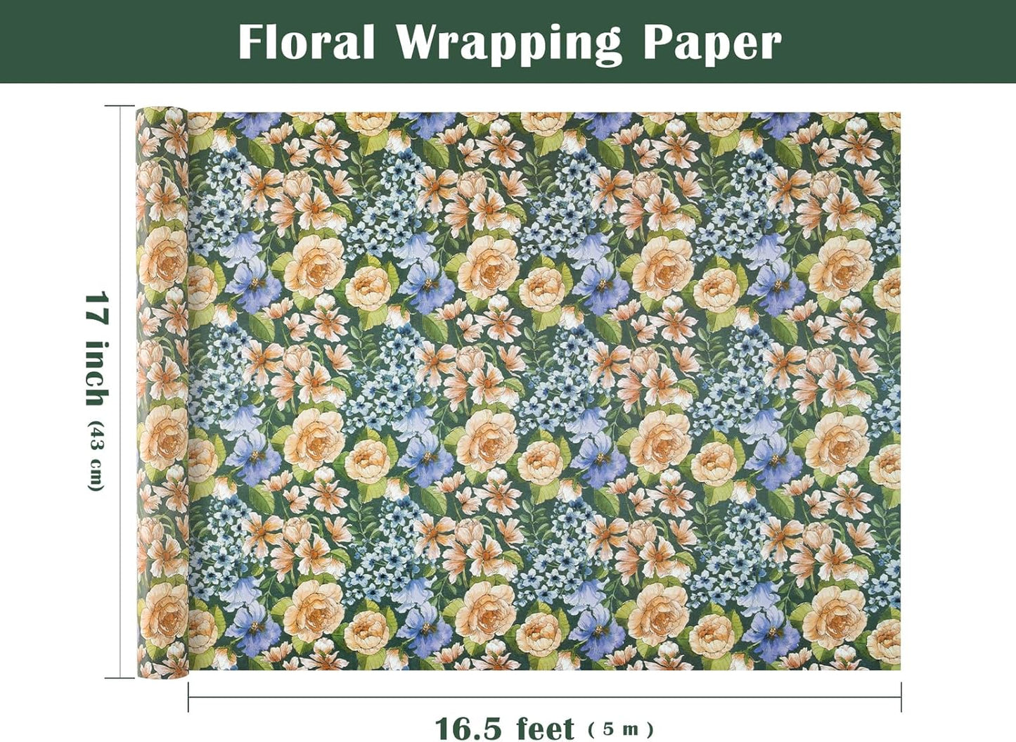 WRAPAHOLIC Kraft Floral Wrapping Paper Roll - Mini Roll - 17 Inch x 16.5 Feet - Vintage Flower Wrapping Paper Perfect for Wedding, Birthday, Bridal Shower, Tea Party
