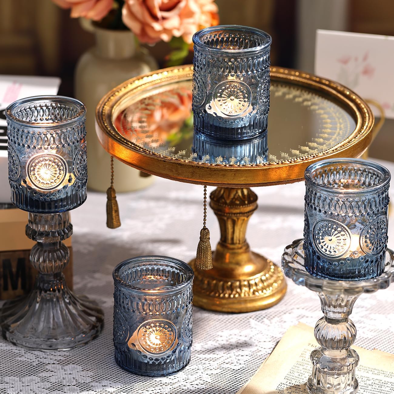 DARJEN Blue Votive Candle Holders Set of 36- Glass Candle Holders Bulk for Tea Light Candle, Embossed Candle Votives for Wedding Centerpiece, Living Room & Home Table Decor