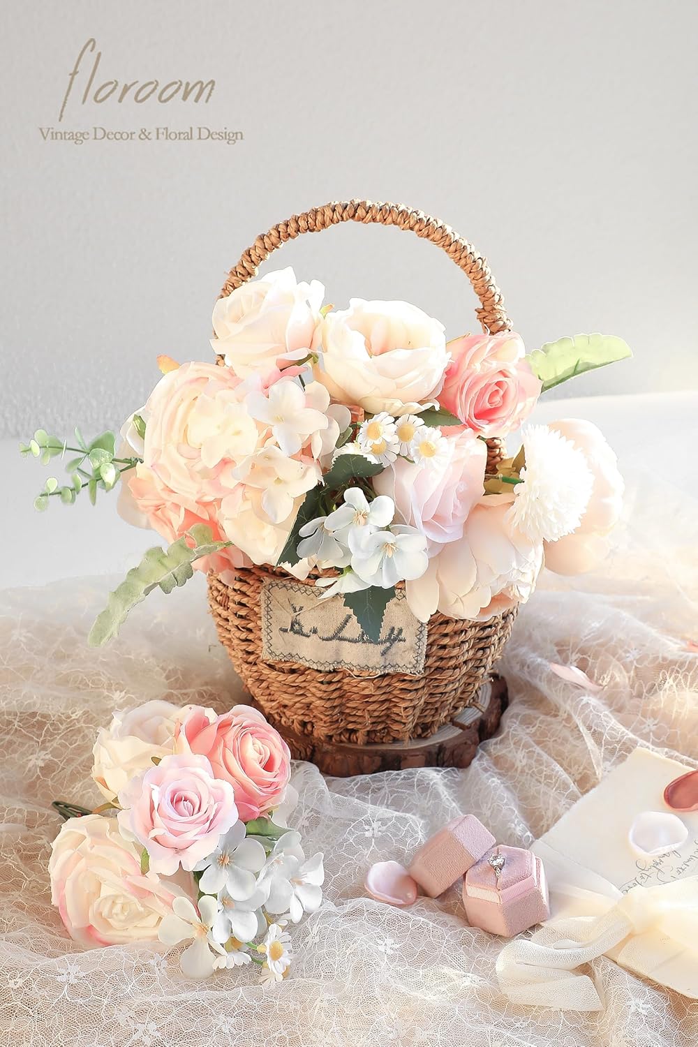 Floroom Blush Cream Artificial Flowers Fake Roses Peonies Dahlia and Greenery Combo Box Set for DIY Wedding Bouquets Bridal Shower Centerpieces Floral Arrangements Party Tables Home Decorations