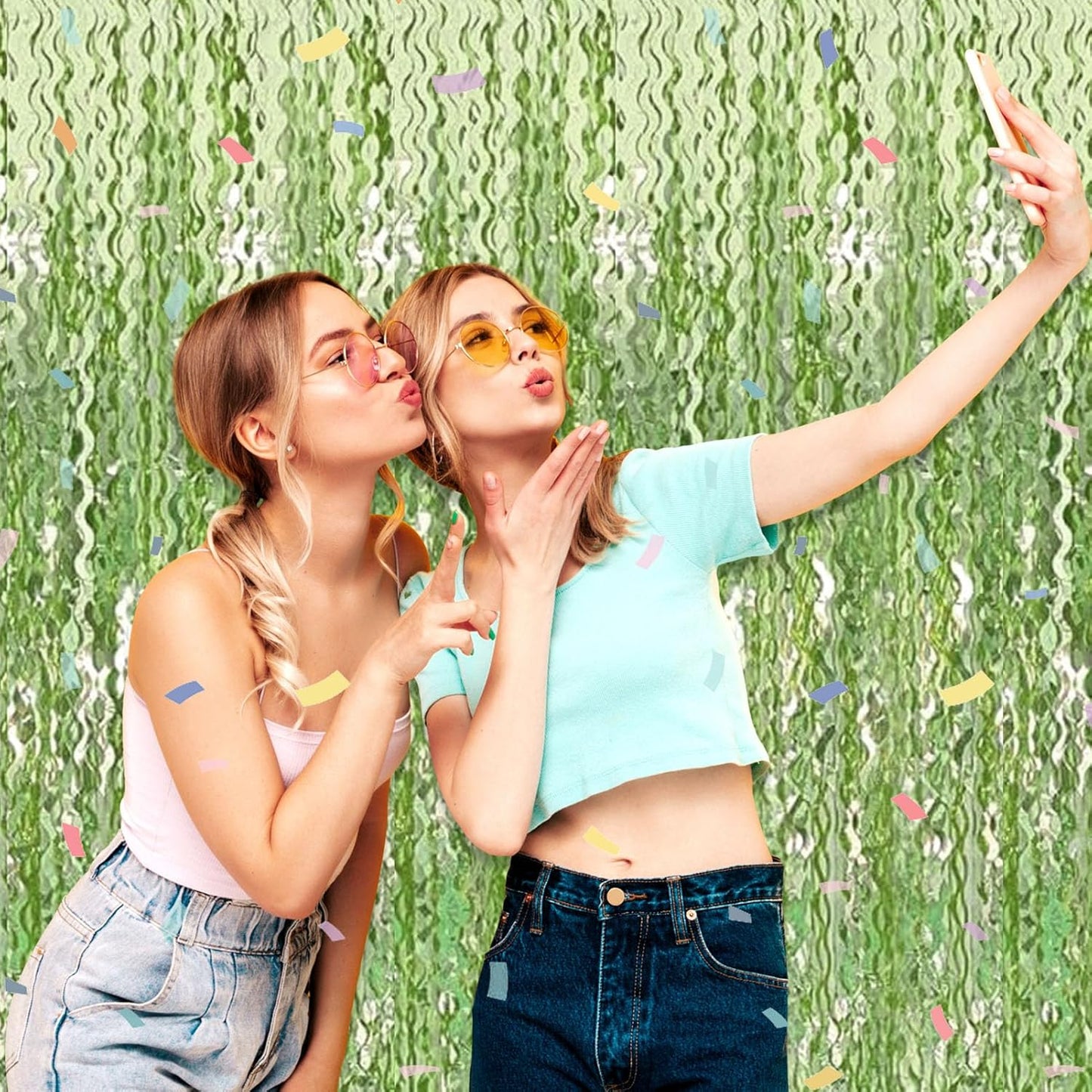 4 Pack Light Green Wave Foil Fringe Curtain Backdrop, 3.28Ft x 8.2Ft Metallic Tinsel Foil Fringe Streamer Curtains for Photo Booth, Mother's Day, Easter, Birthday, Wedding Party Decoration