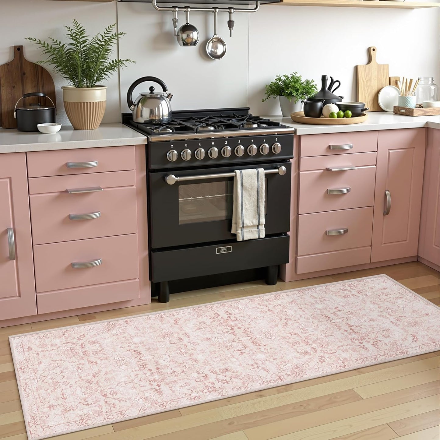 Pink 2x6 Runner Rug for Hallways Bed Side Kitchen, Boho Washable Distressed Low-Pile Floor Entryway Long Bathroom Mat, Non-Slip Laundry Room Washstand Front Carpet Green 24x72 Inch