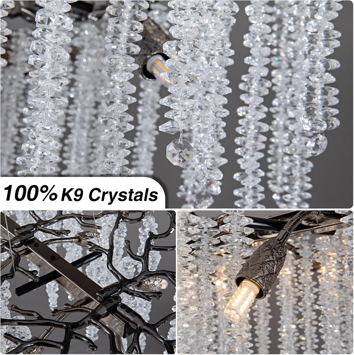 YUYI Black Crystal Chandelier, Modern 47.2" Rectangular Chandeliers for Dining Room,K9 Large Luxury Flush Mount Chandelier for Foyer Living Room,Kitchen Island Hanging Light Fixture