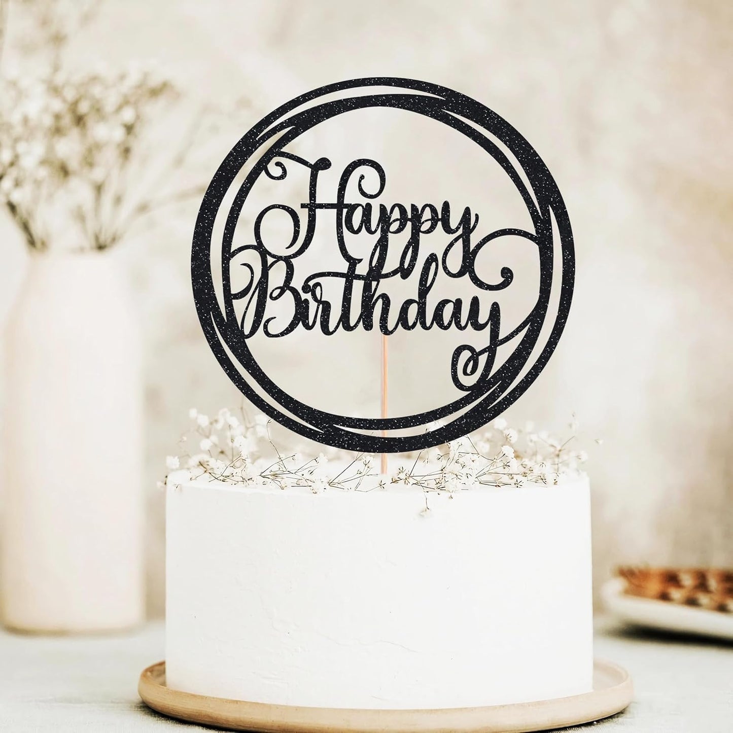 Happy Birthday Cake Topper - Black Glitter Happy Birthday Cake Decoration Supplies for Children or Adults - Happy Birthday Cake Bunting Decor, Photo Booth Props