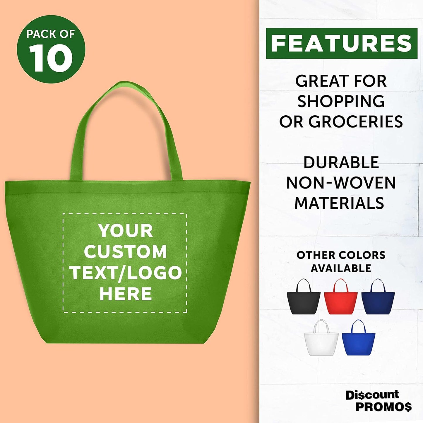 DISCOUNT PROMOS Custom Southern Style Grocery Tote Bags Set of 10 - Personalized Bulk Pack, Reusable Grocery & Shopping Bags - Great for Travel, Business Promotions - Lime Green - 20"X13"X8"
