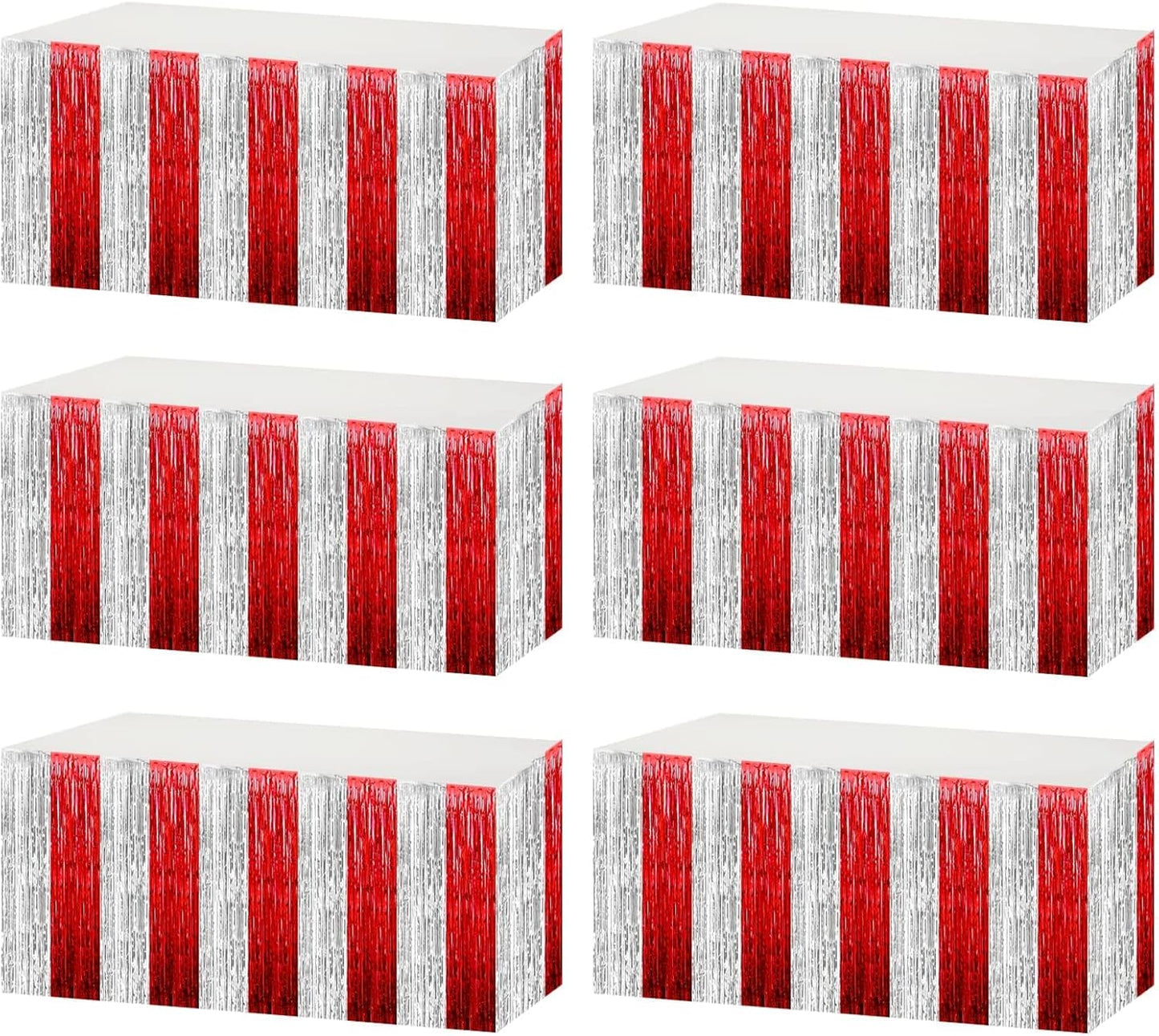 6 Pack 29x108 Inch Red Silver Metallic Foil Fringe Tinsel Table Skirts for Rectangle Tables Streamer for Wedding, Parade Floats, Circus Welcome Carnival Birthday Valentine's Day Party Decoration