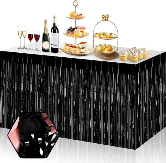 3 Pack 29x108 Inch Black Foil Fringe Table Skirts Metallic Banner for Tinsel Streamer Garland Backdrop for Parade Floats Wedding Thanksgiving Birthday Christmas Halloween Party Decoration