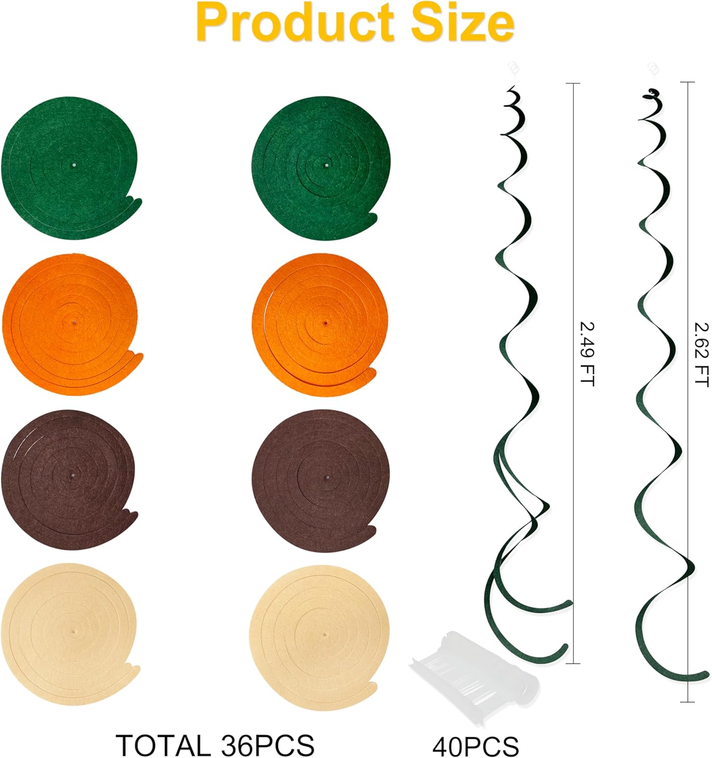 36 Pcs Green Brown Orange Beige Hanging Swirl Decorations Felt Swirl Streamer Spiral Ceiling Garland for Woodland Safari Jungle Wild One Birthday Neutral Baby Shower Party Decorations Supplies