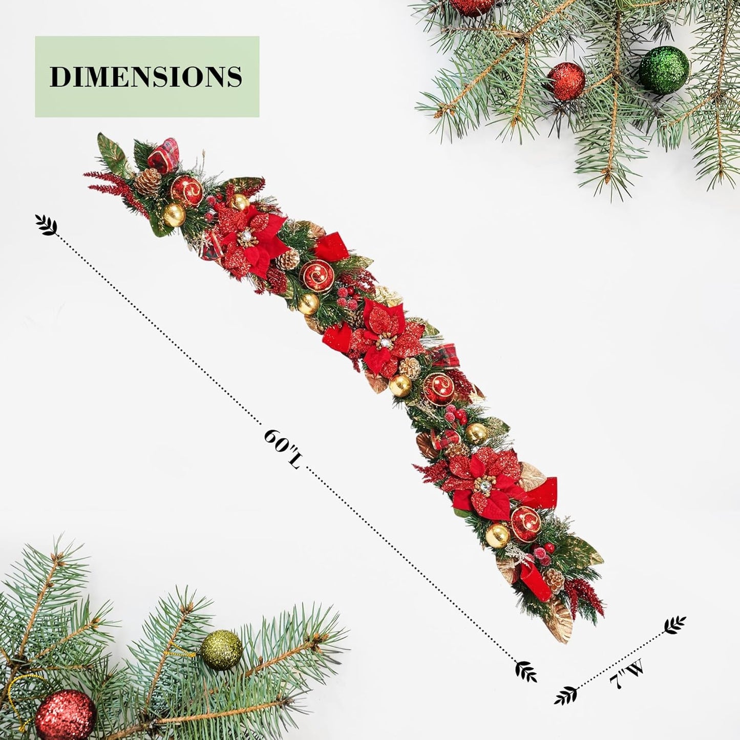 5 ft Christmas Garland for Mantle Unlit Garland for Stairs Railing, Banister, Staircase, Fireplace, for Table No Light, Garland Decor Frosted Red Poinsettia Holiday Tree (Decorated Red Poinsettia)