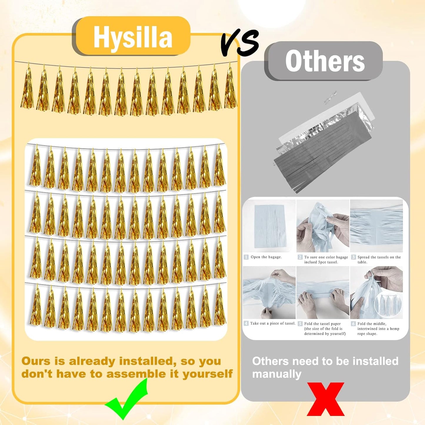 6P Gold Party Decoration Tassel Garland for Parade Floats, Bachelorette, Wedding, Birthday, Halloween, Christmas, Bridal/Baby Shower Party Decorations