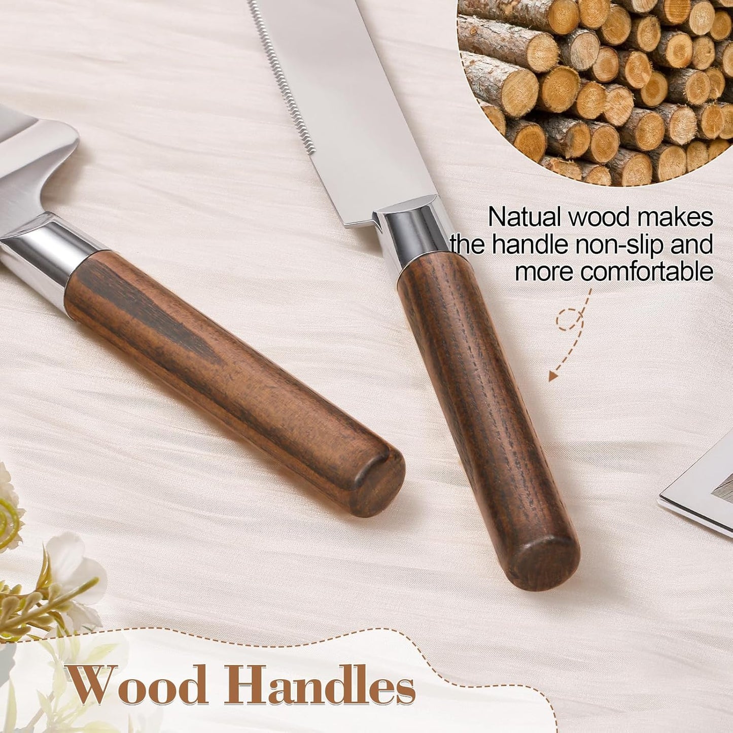 Cake Cutting Set for Wedding, Wood Cake Knife and Server Set, Vintage Pie Cake Cutter, Silver Pizza Dessert Utensils Bridal Anniversary Birthday Quinceañera Gift (Original Wood)