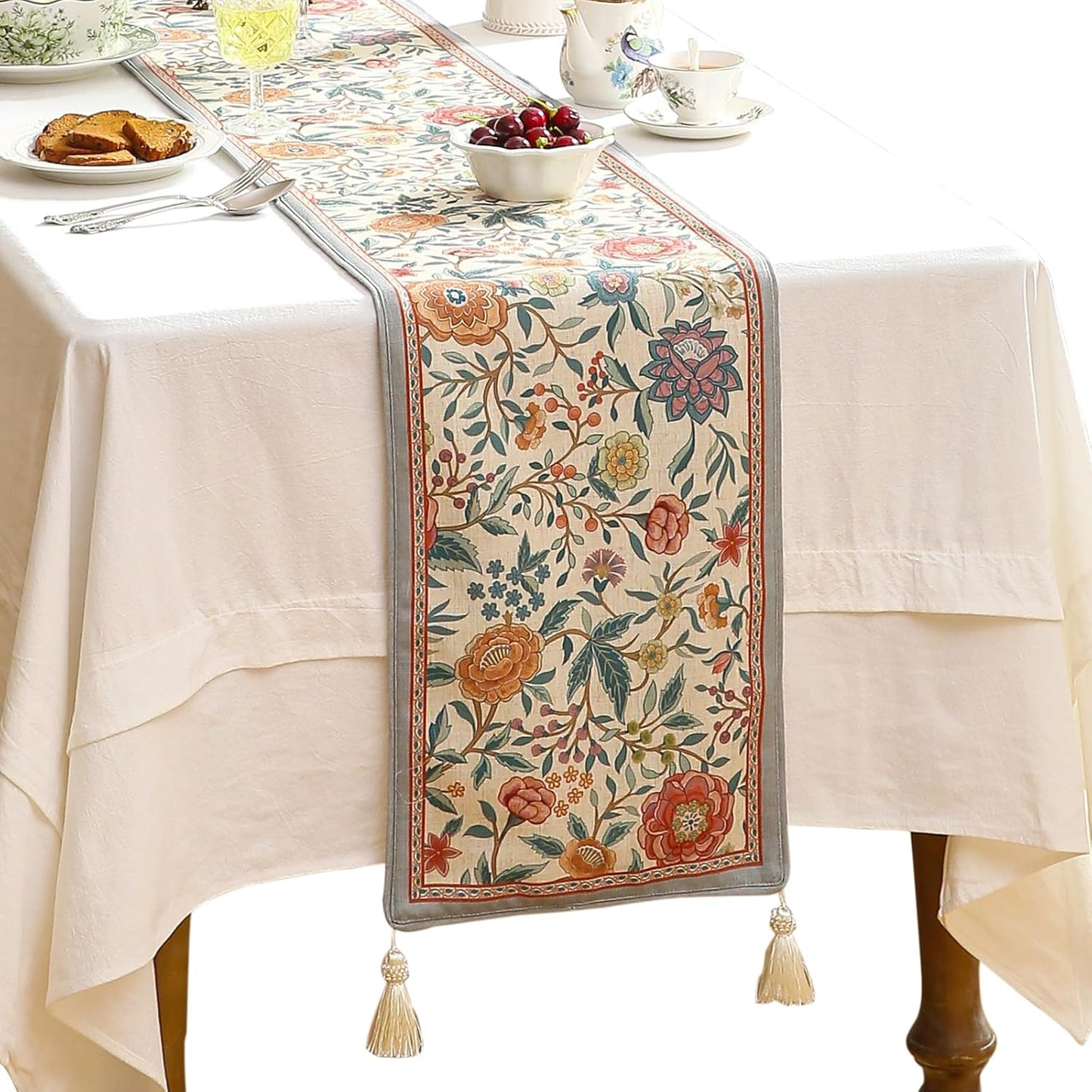 Floral Cloth Small Runner for Table,Decorative Linen 63 Inches Long Table Runners,Farmhouse Decor Tabletop for Kitchen,Dining,Party,Home,Christmas,12"*63"