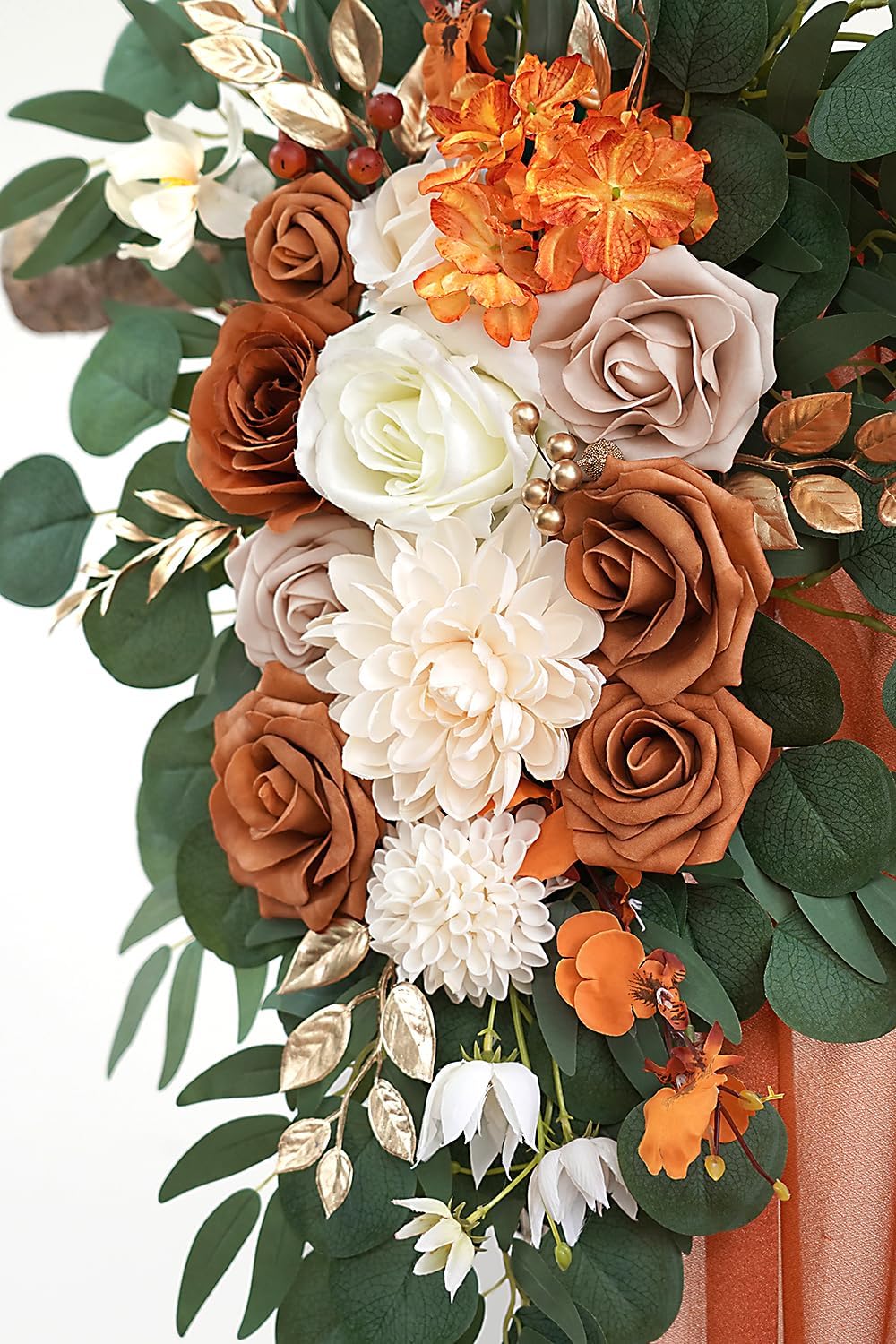 Burnt Orange Artificial Wedding Arch Flowers Kit (Pack of 3) with 26Ft Terracotta Shiny Arch Draping Fabric for DIY Wedding Party Ceremony Reception Backdrop Floral Decoration