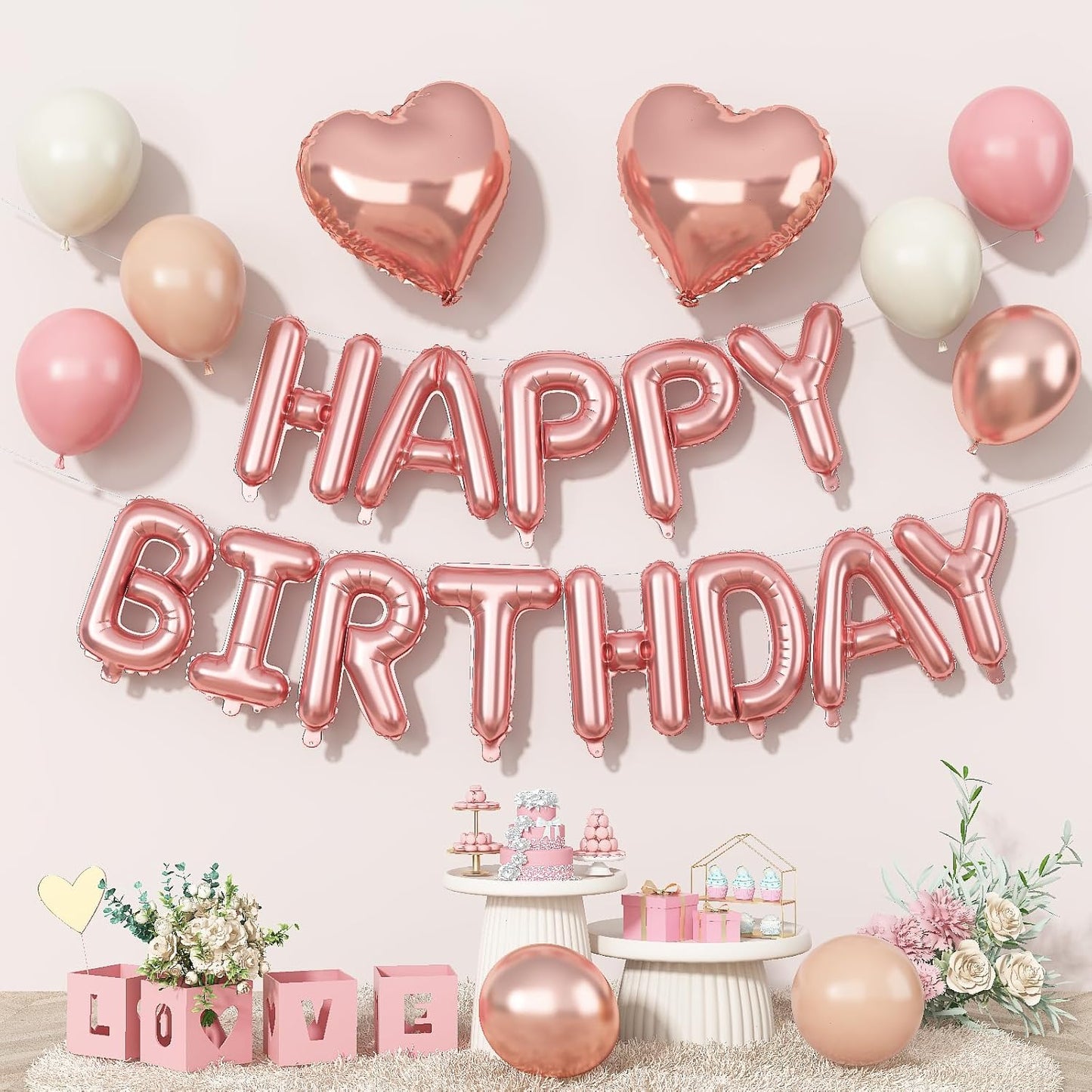 Happy Birthday Balloon Banner Rose Gold, 16 Inch Mylar Letters Rose Gold Heart Foil Balloons Dusty Blush Pink Nude Metallic Ivory Balloons Boho Neutral Birthday Decorations for Girls Women