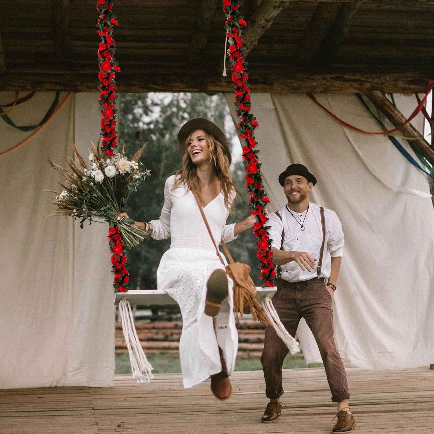 8Pcs 63Ft Red Rose Garland, Fake Rose Hanging Flowers, Artificial Flower Vine, Hanging Floral Vine Garland for Wedding, Birthday Party, Wall Arch, Halloween, Christmas Garden Backdrop Decor