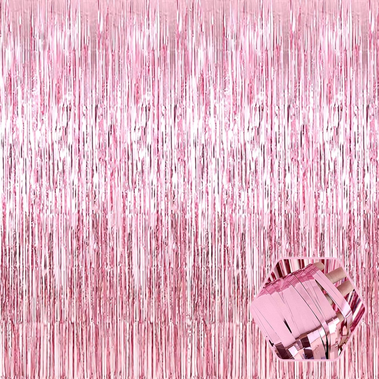 3 Pack Pink Foil Fringe Curtain Backdrop, 3.28Ft x 8.2Ft Metallic Tinsel Foil Fringe Streamer Curtains for Photo Booth, Christmas Day, Thanksgiving, Wedding, New Year Party Decorations