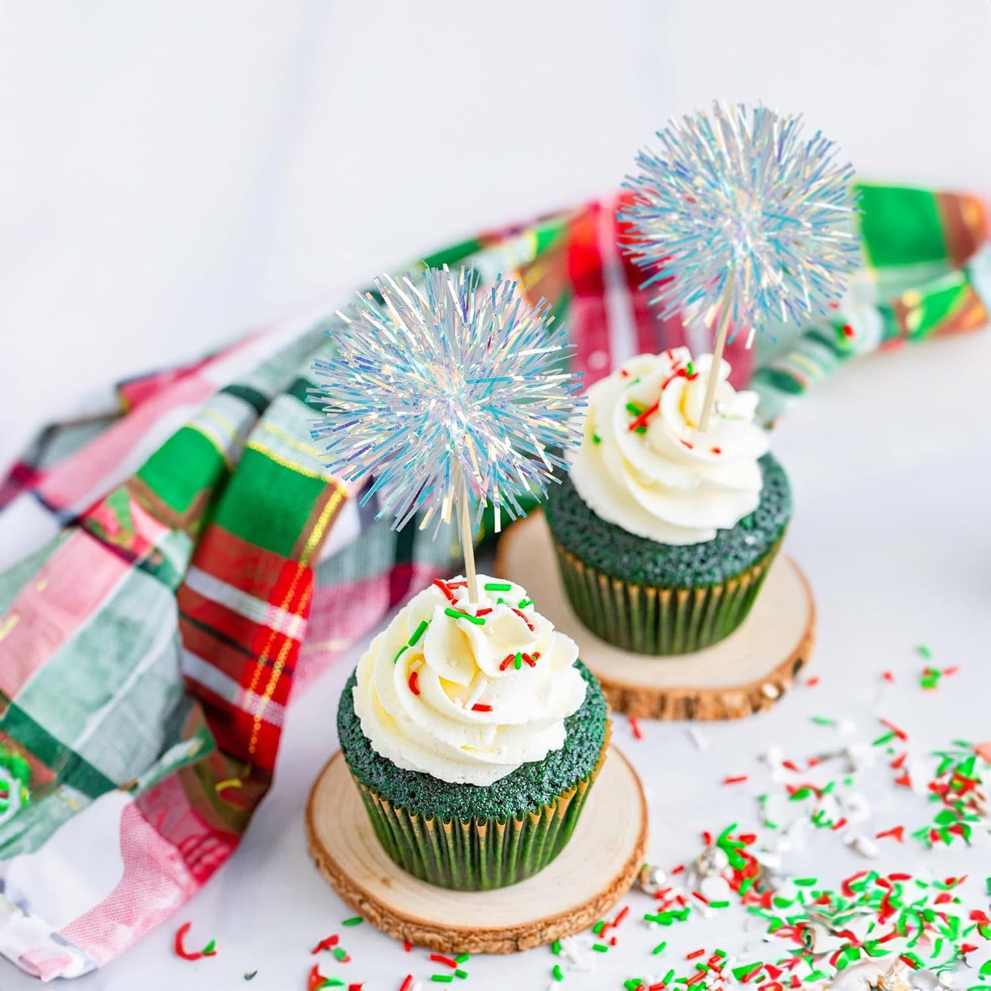 Ephlyn 30Pcs Foil Firework Cupcake Toppers Sparkle Tinsel Cupcake Picks Drink Stirrers Cocktail Food Fruit Toothpicks for Baby Shower Graduation Party Supplies White