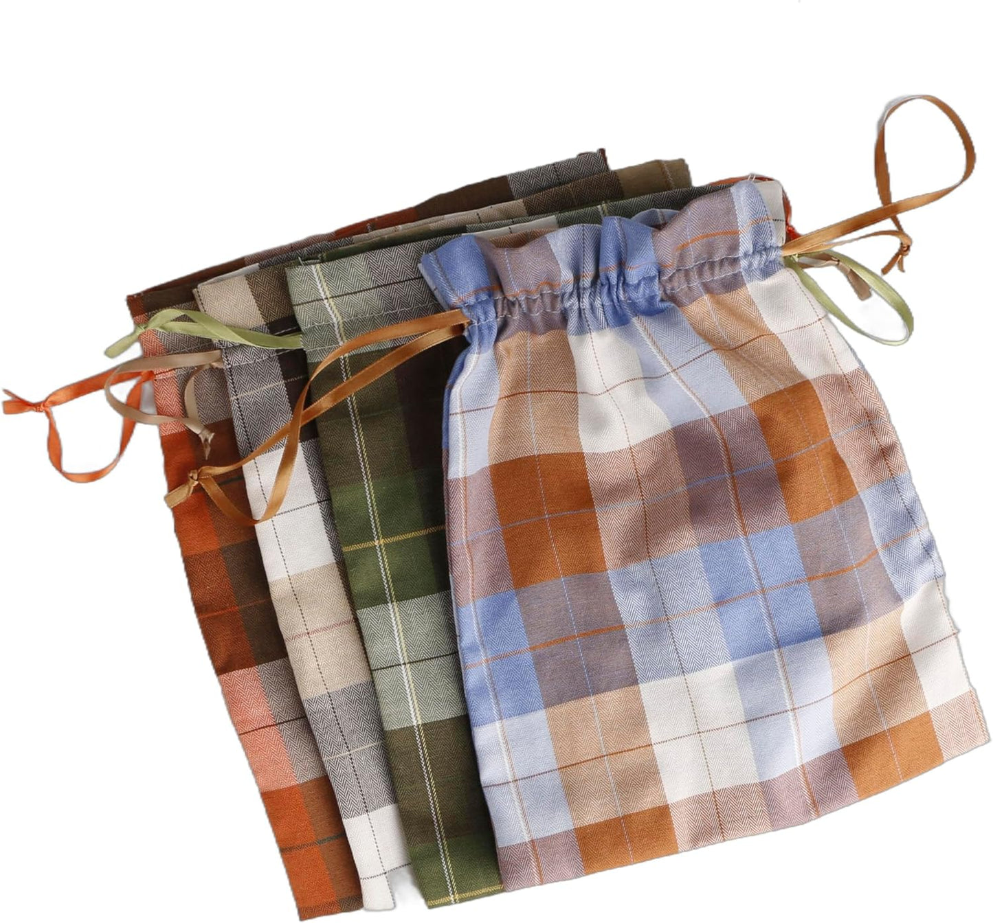 Large Fall Burlap Bags with Drawstrings - Orange Buffalo Plaid, Sage Green Gingham - Reusable Brown Pouch for Thanksgiving Party Gift Wrapping Goodies (4 colors, 6x8 inch)