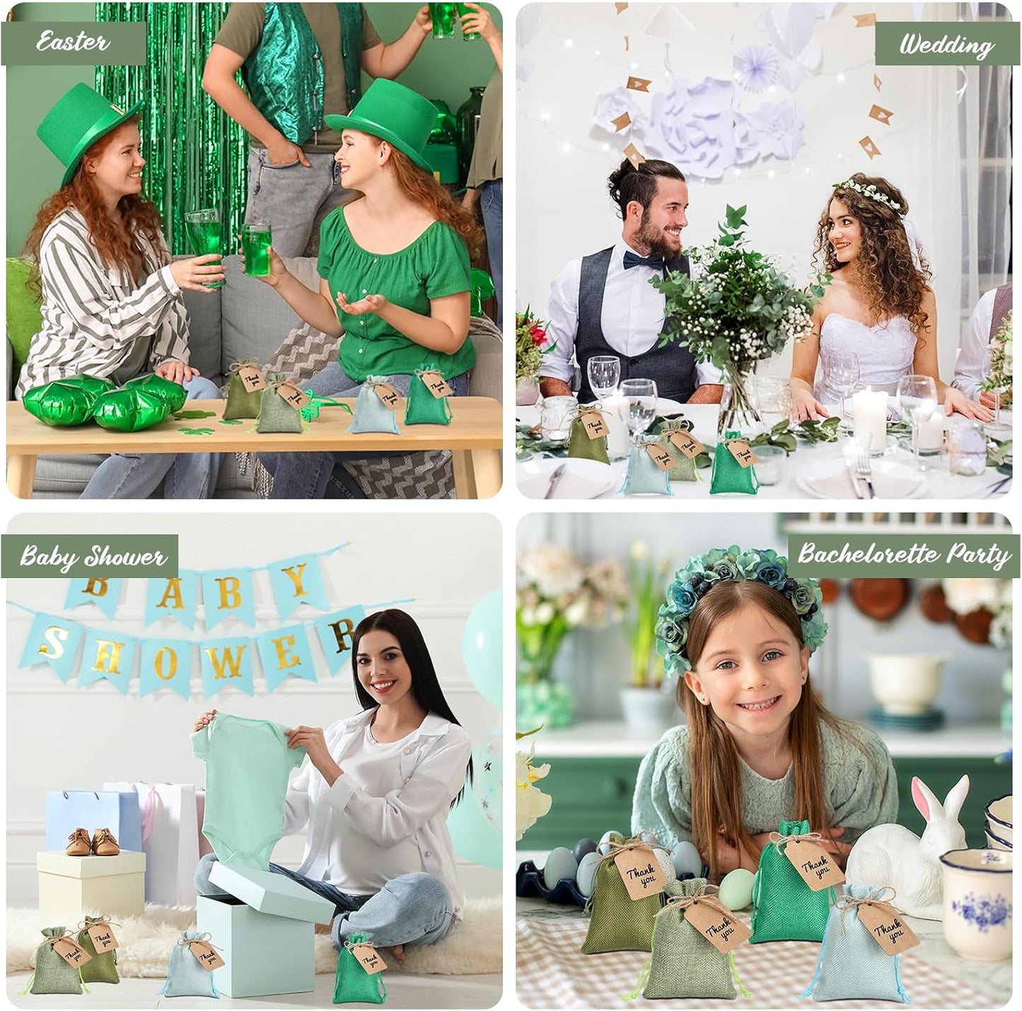 Woanger 100 Pcs Burlap Gift Bags with 100 Pcs Kraft Paper Gift Tags Drawstring Favor Bulk Burlap Sack Bags for DIY Wedding Party Craft(4 x 6 Inch,Mint, Grass, Army, Dark Green)