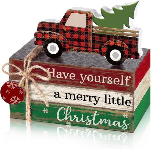 4 Pcs Christmas Table Decor Winter Table Decorations Christmas Tiered Tray Decor Decorative Truck Book Decorations Indoor Rustic Wooden Snowflake Block Sign Gift Farmhouse for Home Shelf