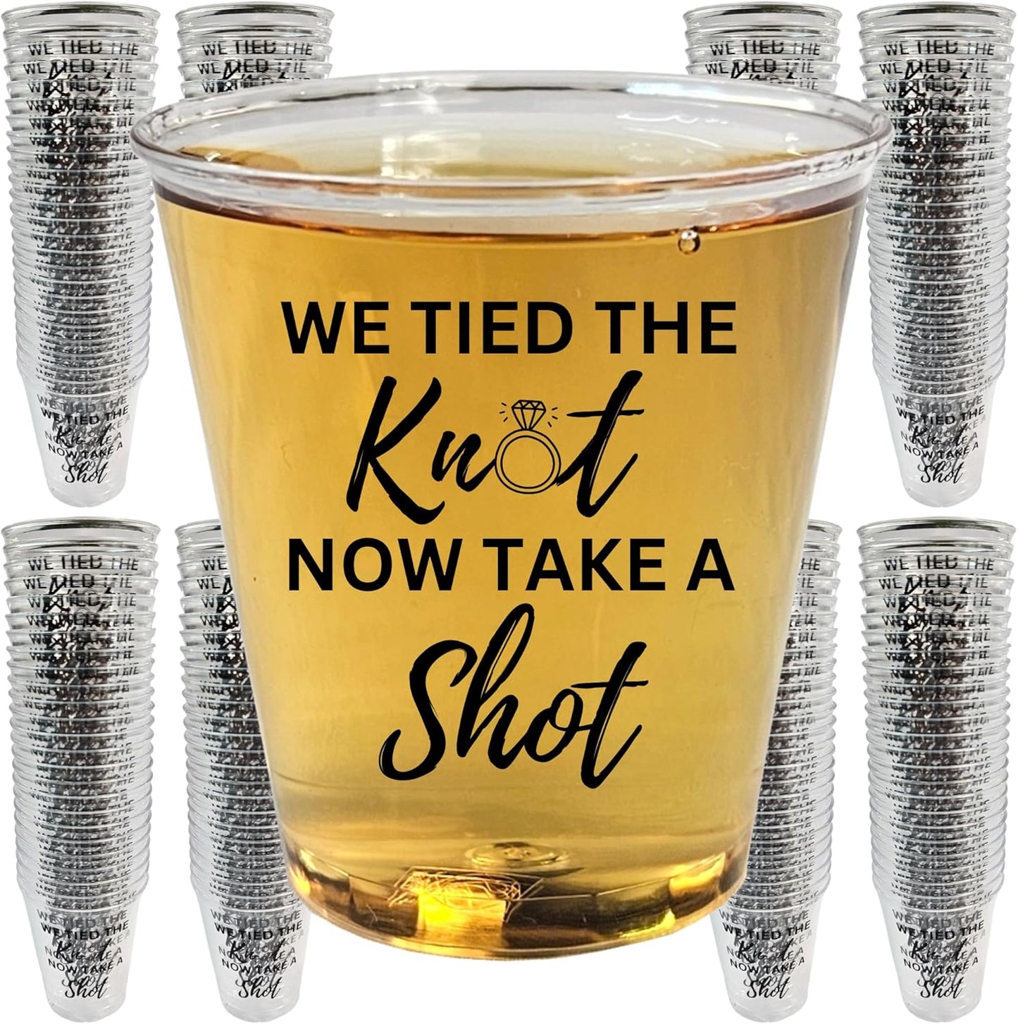 Disposable Plastic Wedding Shot Glasses, 200 Pack, 'We Tied the Knot Now Take a Shot' with Ring Design, Perfect for Weddings, Bridal Showers, Engagement Parties