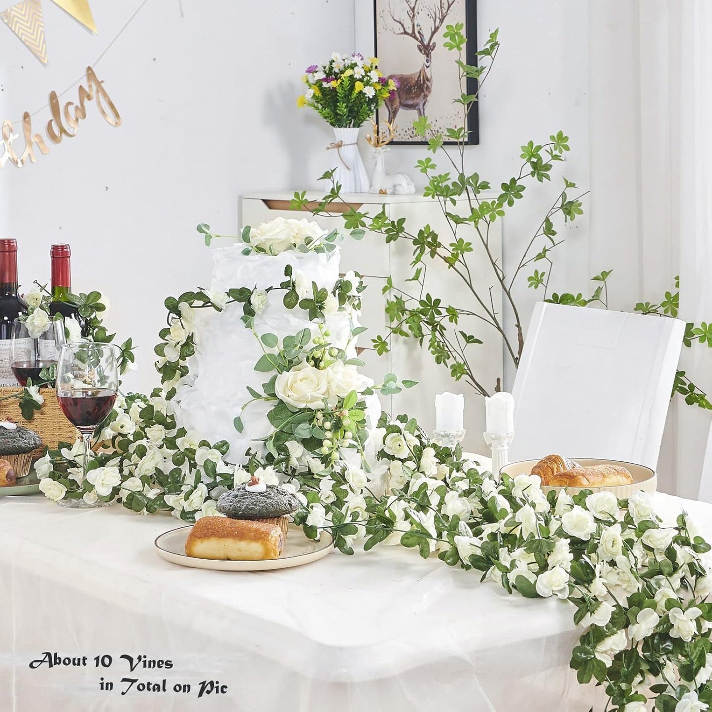 6 Pcs x 8.2 ft Flower Garland Artificial Rose Vine Flowers with Green Leaves Hanging Fake Roses Vine for Room Party Home Wedding Birthday Christmas Wall Arch Decor, Spring White Flower