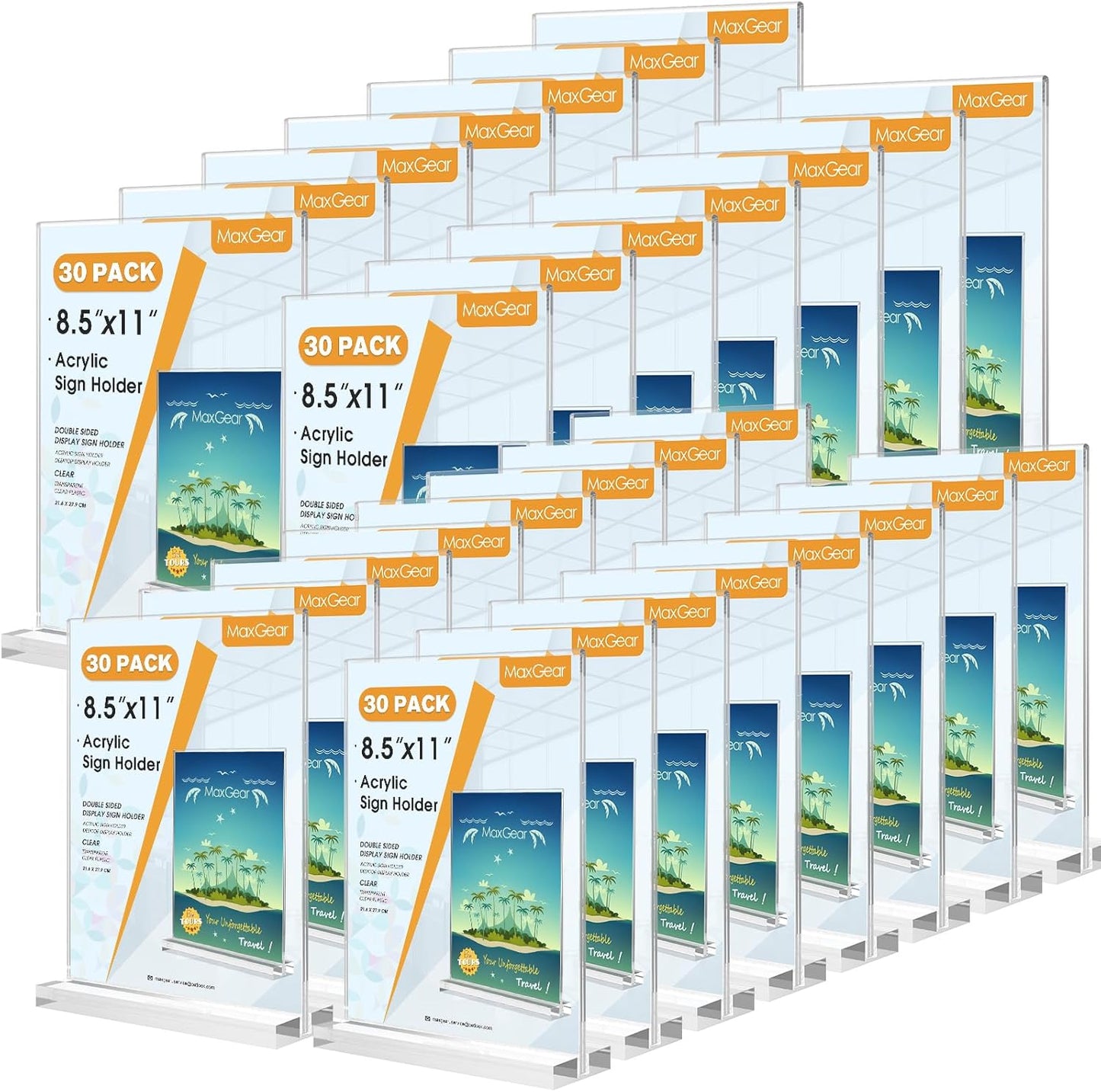 MaxGear Acrylic Sign Holder 8.5 X 11 Inches 30 Pack, Double Sided Plastic Display Stands Table Top Acrylic Frame, Clear Paper Holder Menu Flyer Stand for Stores, Restaurants, Hotels, Office