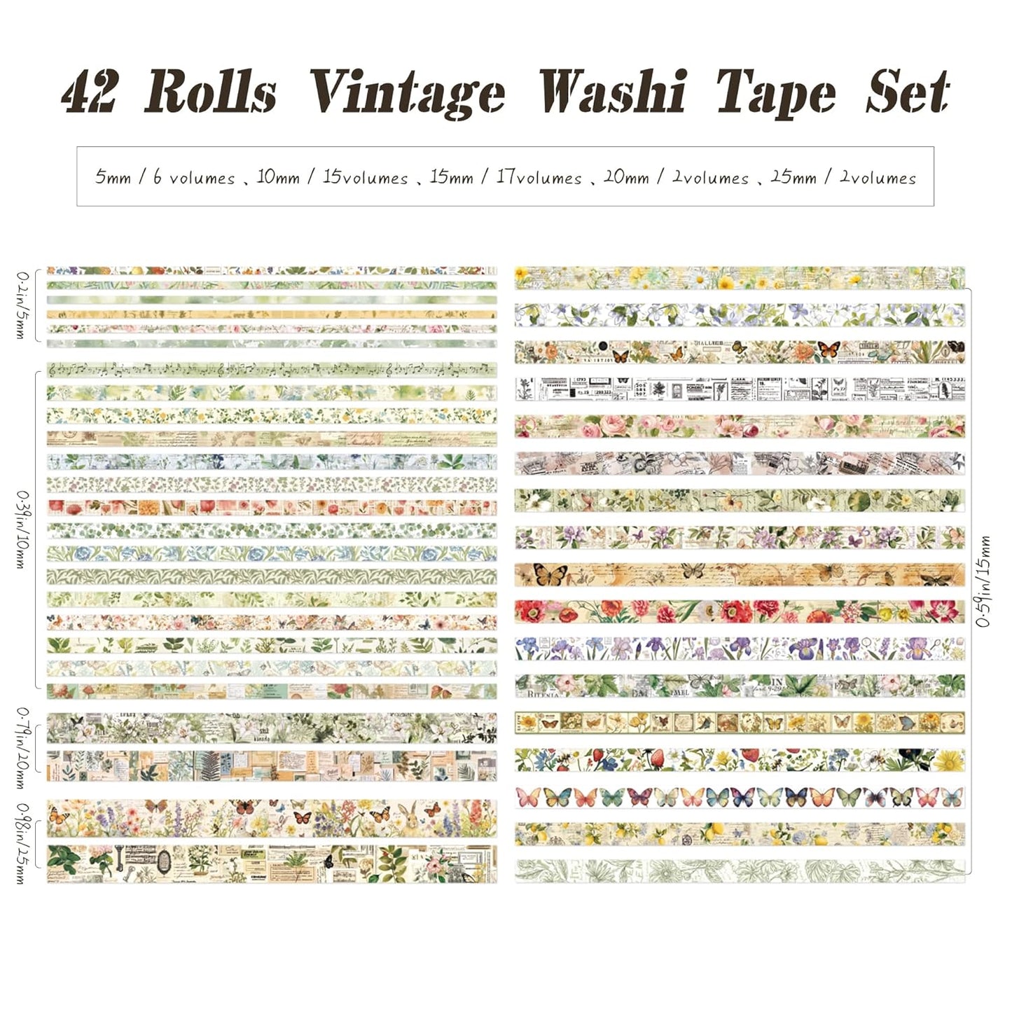42 Rolls Vintage Washi Tape Set, Delicate Butterfly & Lush Floral Botanical Themed Writable Decorative Tapes with Retro Elements for Scrapbooking, Junk Journal Supplies, Bullet Journaling 5-25mm Wide