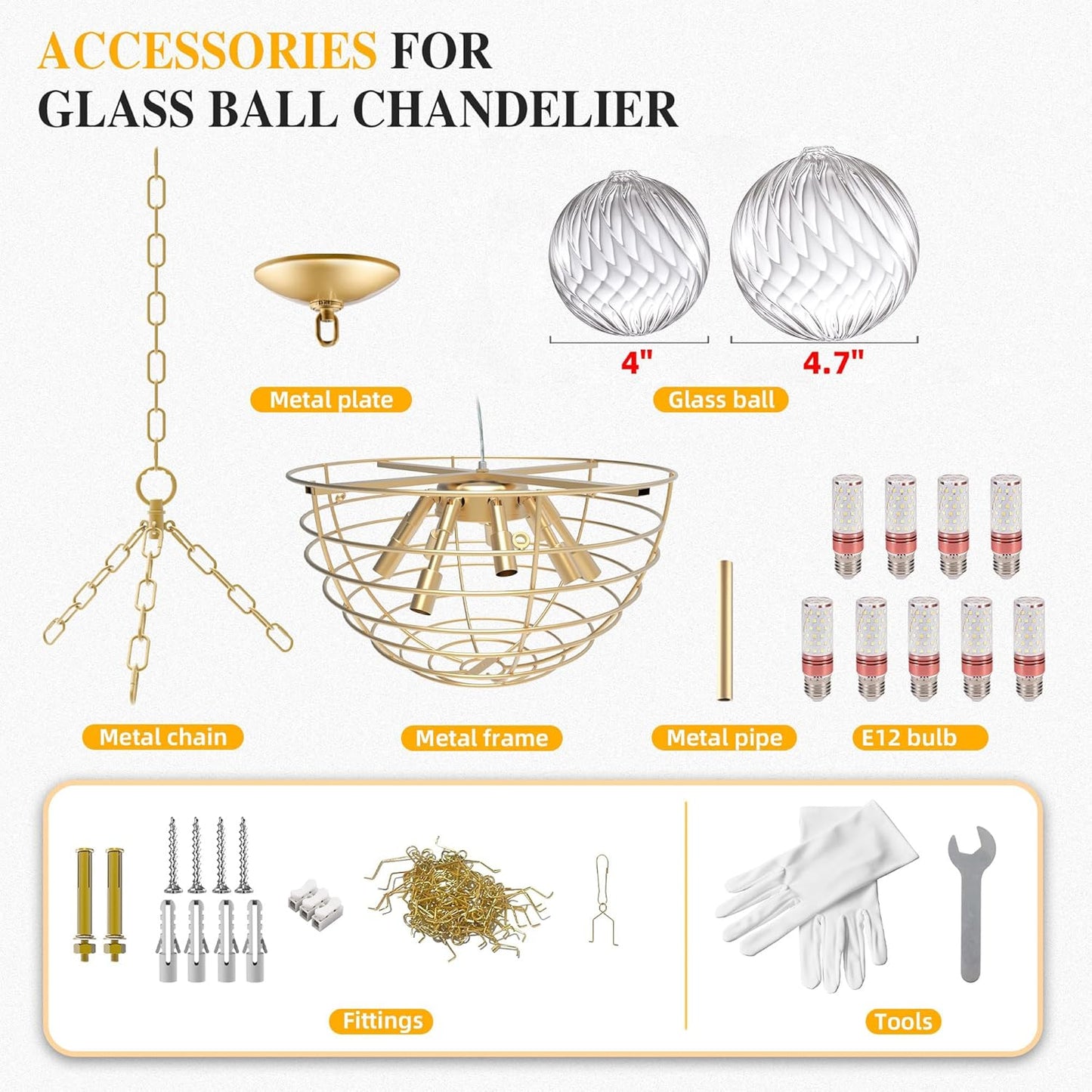 Nordic Bubble Ball Swirled Glass Chandelier, Diam 31" Gild Gold and Clear Modern Hand Blown Glass Pendant Light Fixture for Dining Room, Bedroom, Study, Restaurant, Hallway