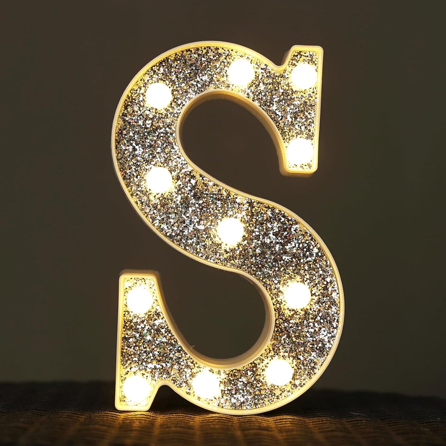 Light Up Letter S - Marquee Alphabet Sign with Glitter Frame, Battery Operated Table Decor for Prom, Engagement Party, Wedding, Birthday, Home Decor (Gold/White)