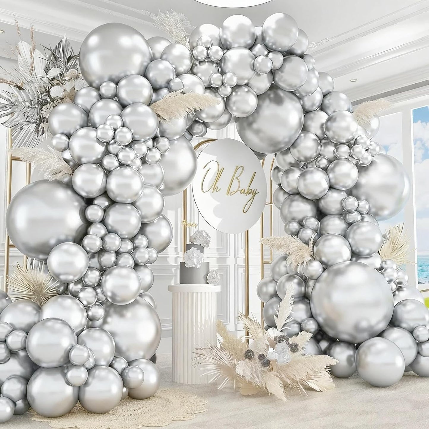 412pcs Metallic Silver Balloon Garland Arch Kit 18 12 10 5 Inch Different Sizes Latex Chrome Balloons for Baby Shower Birthday Graduation Wedding Anniversary Celebration Party Decoration