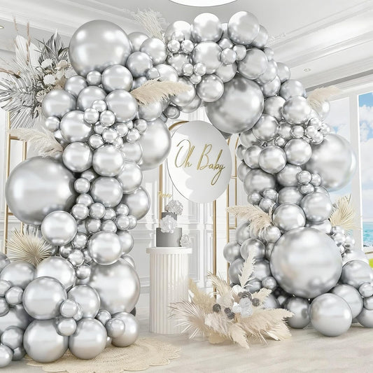 412pcs Metallic Silver Balloon Garland Arch Kit 18 12 10 5 Inch Different Sizes Latex Chrome Balloons for Baby Shower Birthday Graduation Wedding Anniversary Celebration Party Decoration
