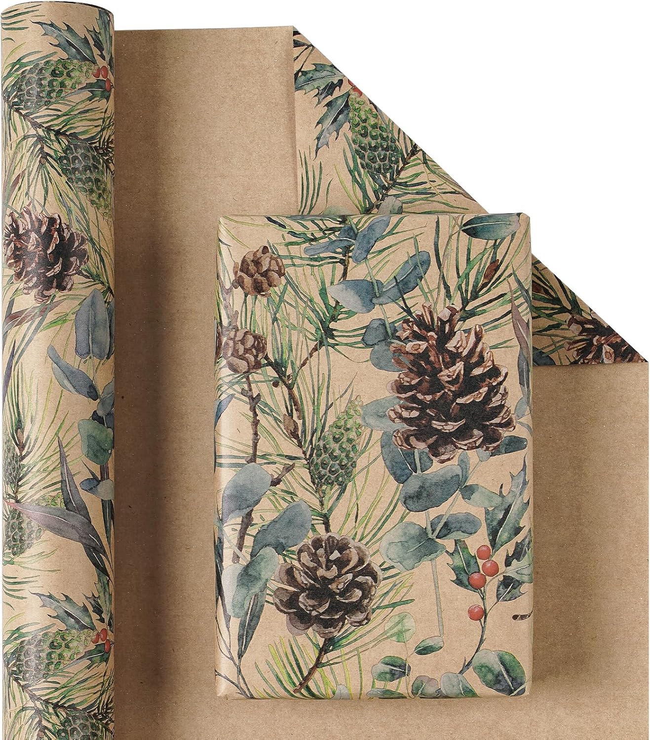 RUSPEPA 30" X 32.8' Kraft Christmas Wrapping Large Paper Roll, Jumbo Roll, Watercolor Pinecone and Eucalyptus Leaf Design, Kraft Gift Wrap for Christmas, Winter Holiday Party, Rustic Natural Theme