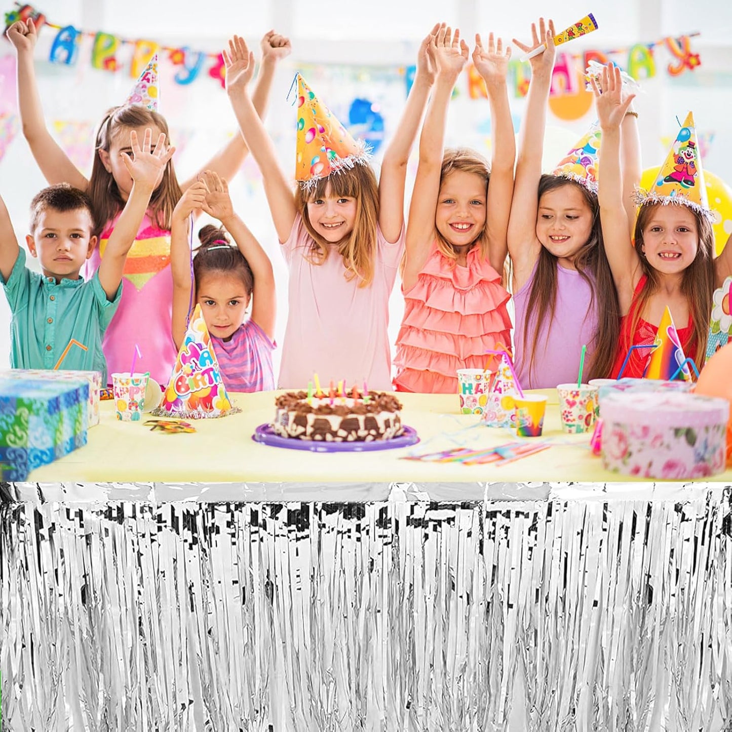 4 Pack Metallic Foil Fringe Tinsel Table Skirts,29x108 Inch Party Disposable Table Skirt Banner for Hotel Banquet Parade Floats Mardi Gras Holiday Birthday Wedding New Year Party Decoration(Silver)