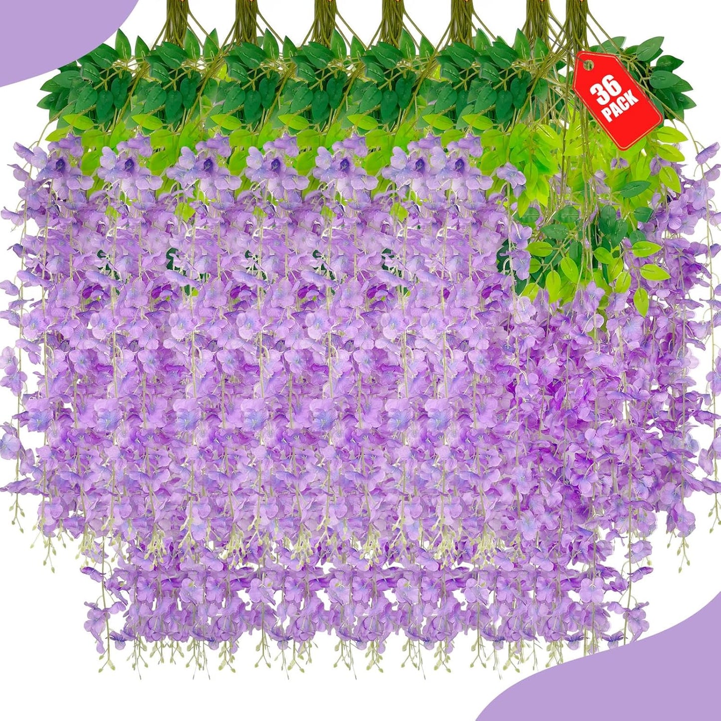 36 Pack Light Purple Wisteria Hanging Flowers, 3.44 Ft Fake Hanging Flowers, Artificial Wisteria Garland Vines for Wedding Room Backdrop Outdoor Patio Garden Decoration