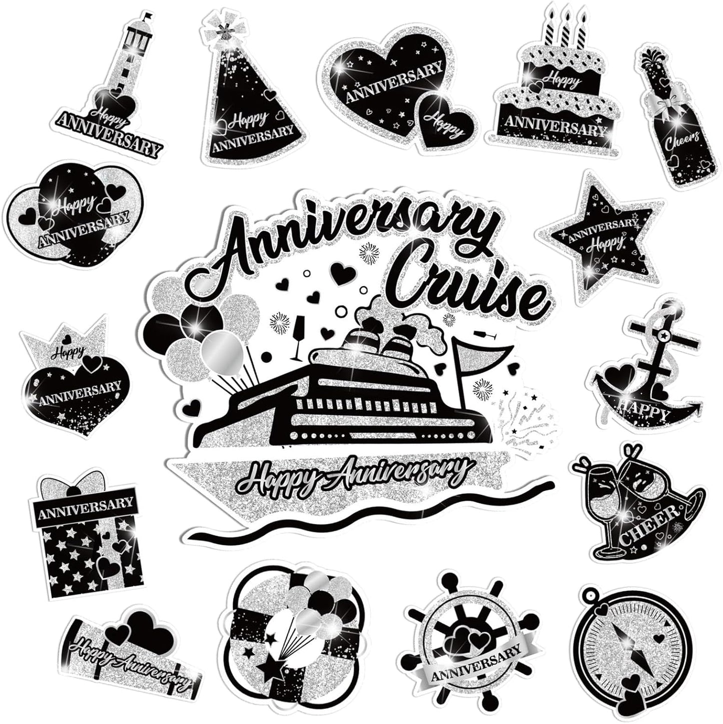 Happy Anniversary Cruise Door Magnets Decorations,Black Silver Happy Anniversary Cruise Ship Door Decor Magnetic for Married Men Women Wedding Party Refrigerator Fridge Car Kitchen Garage Personalized