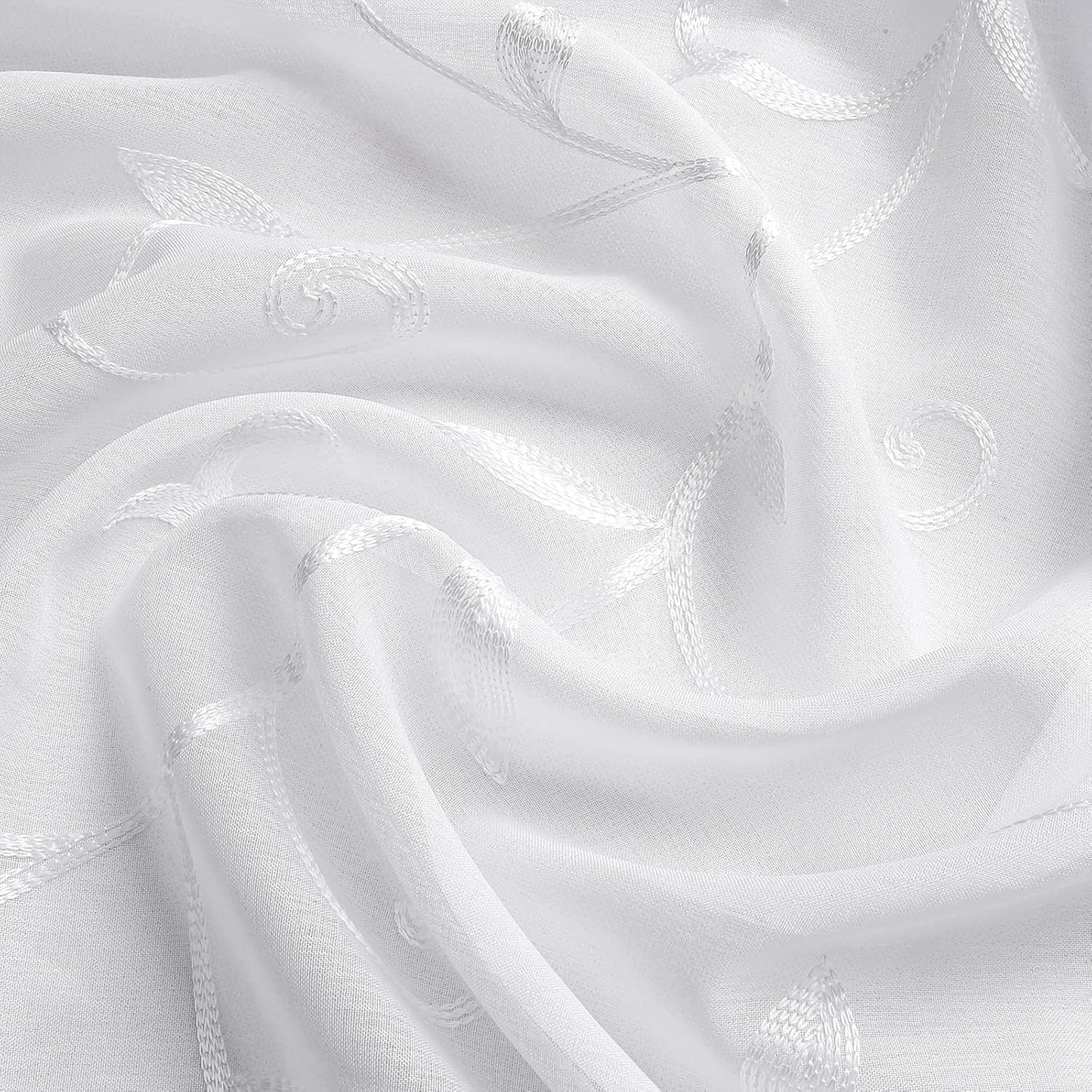 VISIONTEX Sheer Voile Curtains, Decorative White Leaves Embroidery Faux Linen Rod Pocket Window Drapes for Home Kitchen, Living Room and Bedroom 54 x 54 Inch, Set of 2 Curtain Panels