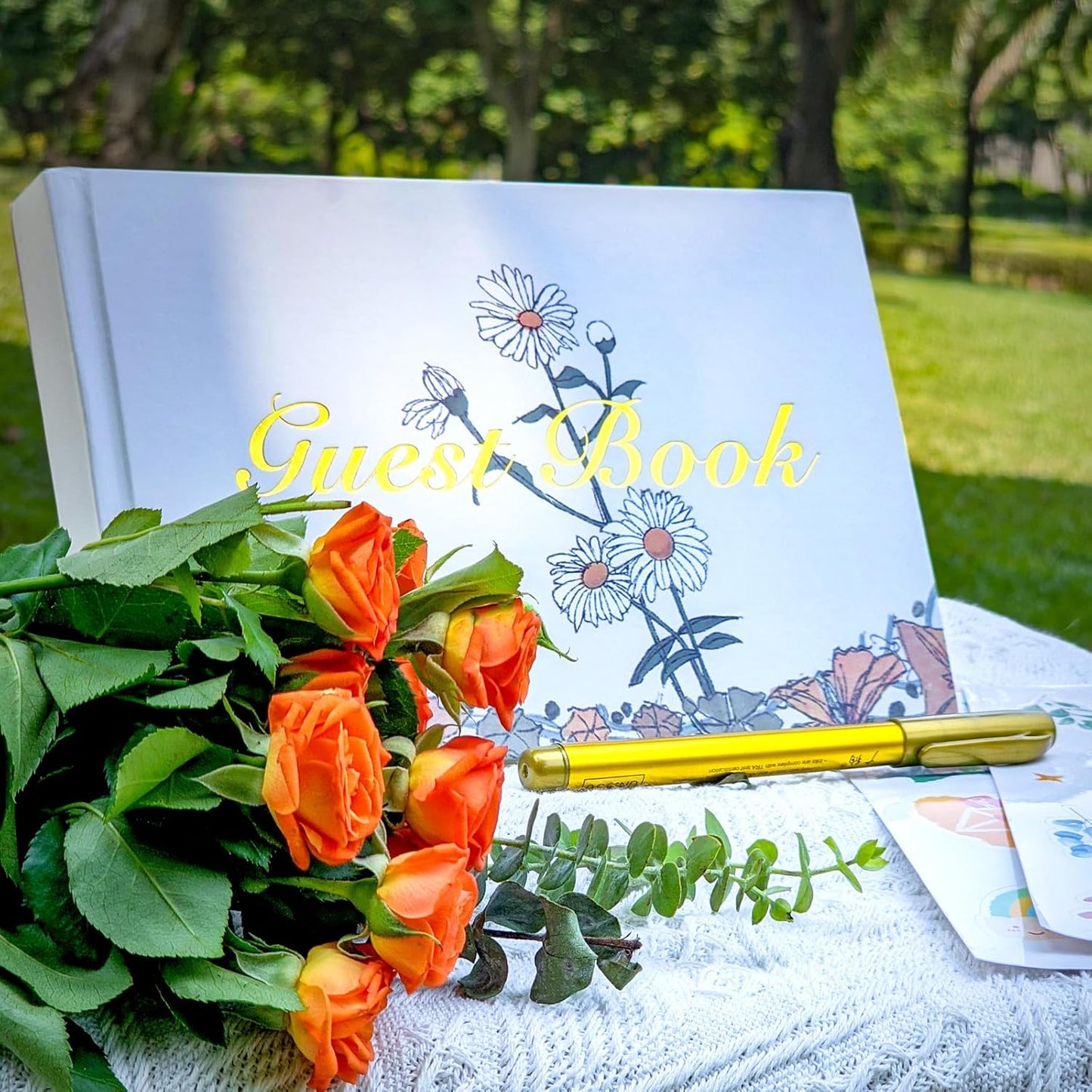 Guest Book for Wedding Reception, Party, Birthday, Polaroid GuestBook Retro Elegant Daisy Guest Sign In Book, Anniversary Sign Book Alternatives, 200 Blank Pages(100 sheets), 8.7"x5.9"