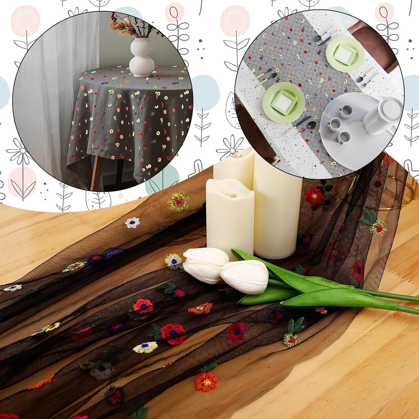 BINBE 12pcs Daisy Fall Table Runner Embroidery Gauze 10FT Florals Seasonal Tulle Holiday Birthday Kitchen Dining Table Decor for Home Party Black