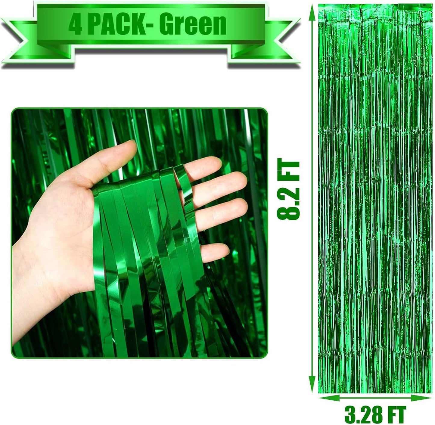 4 Pack Green Foil Fringe Curtain Backdrop, 3.28Ft x 8.2Ft Metallic Tinsel Foil Fringe Streamer Curtains for Photo Booth Props Decor Party Supplies