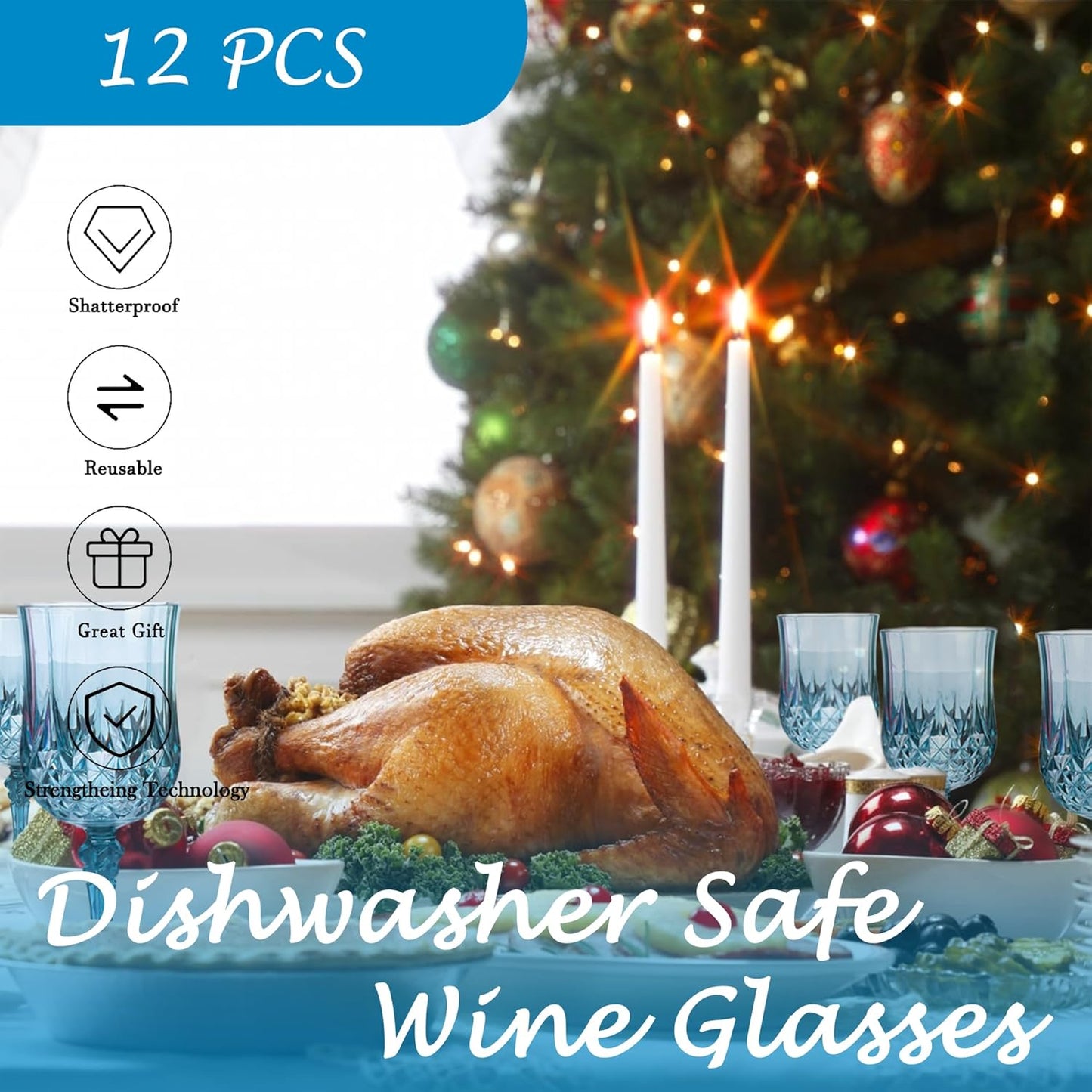 Plastic Wine Glasses，Plastic Goblets Vintage Style Cordial Drinking Glasses for Wedding Reception, Grand Event Party Supplies (12, Dusty Blue)