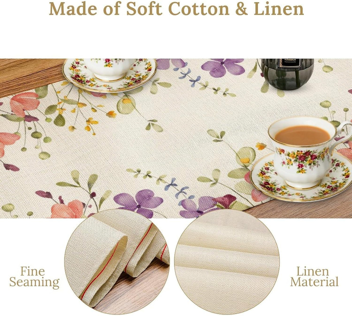 Floral Table Runner,Flowers Plant Print Spring Table Runner for Kitchen Dining Table Decoration for Home Party Decor 13x36 Inch