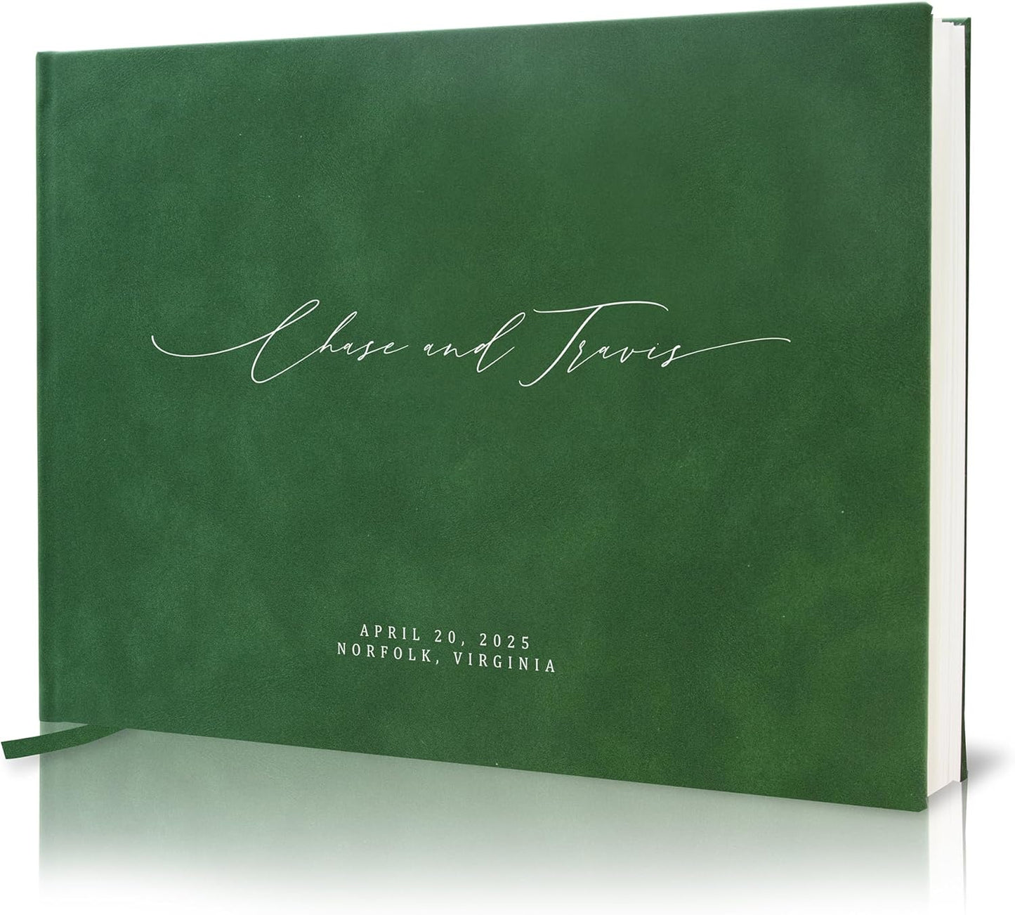 MUUJEE Personalized Guestbook in Emerald - Premium Custom Modern Guest Book for Wedding Reception, Birthday Party or Events w/Bookmark Blank Pages for Signing 11.5 x 8.5 inches