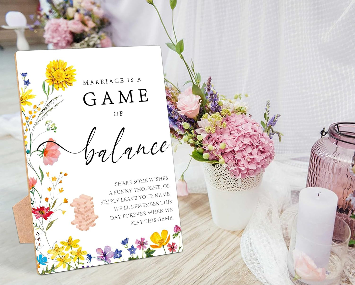 Marriage Is A Game Of Balance Sign, Floral Wedding Ceremony Sign, Pack of 1 Wooden Tabletop Sign with Stand, Wedding Supplies, Engagement and Reception Wedding Decorations - LD17