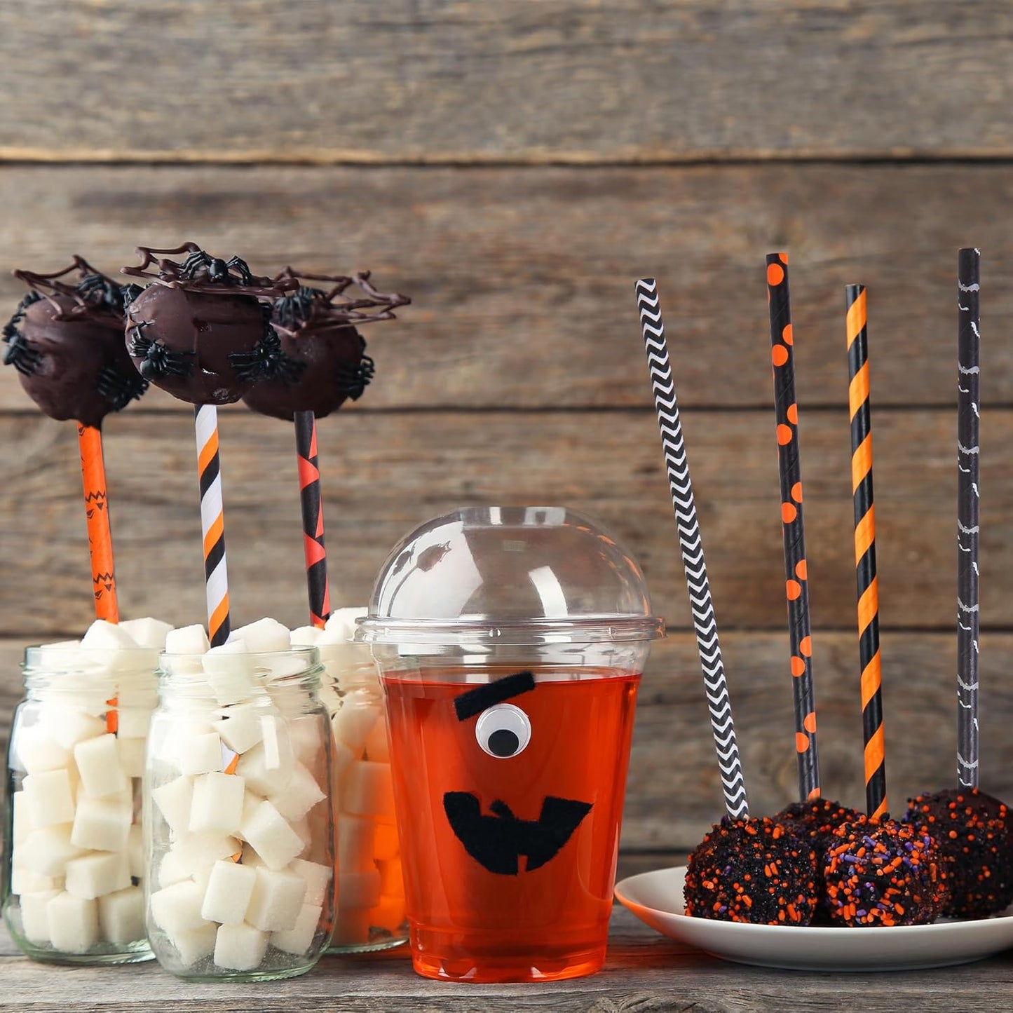 Cooraby 200 Pieces Halloween Paper Straws Biodegradable Drinking Stripe Bicolor Stripe Dot Straw Mix for Wedding Supplies and Party Favors, 8 Styles (Black and Orange)